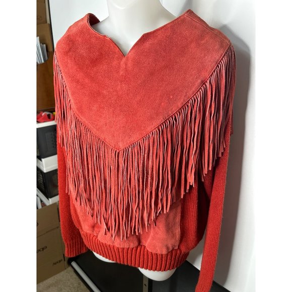 Pioneer Wear Sweater LARGE Cowgirl Cowboy Carter Fringe Suede Orange VTG 70s 80s - Picture 4 of 12